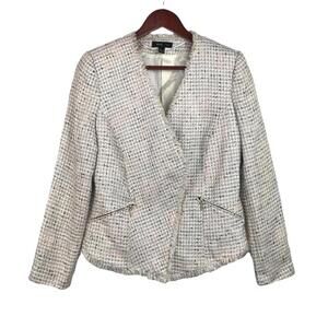 MNG Suit Tweed Blazer Jacket Collarless Frayed Hem Light Academia Professor